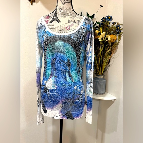 Prana Tops - Prana Vibrant Graphic Bohemian Artistic Burnout Fitted Long Sleeve Top Large